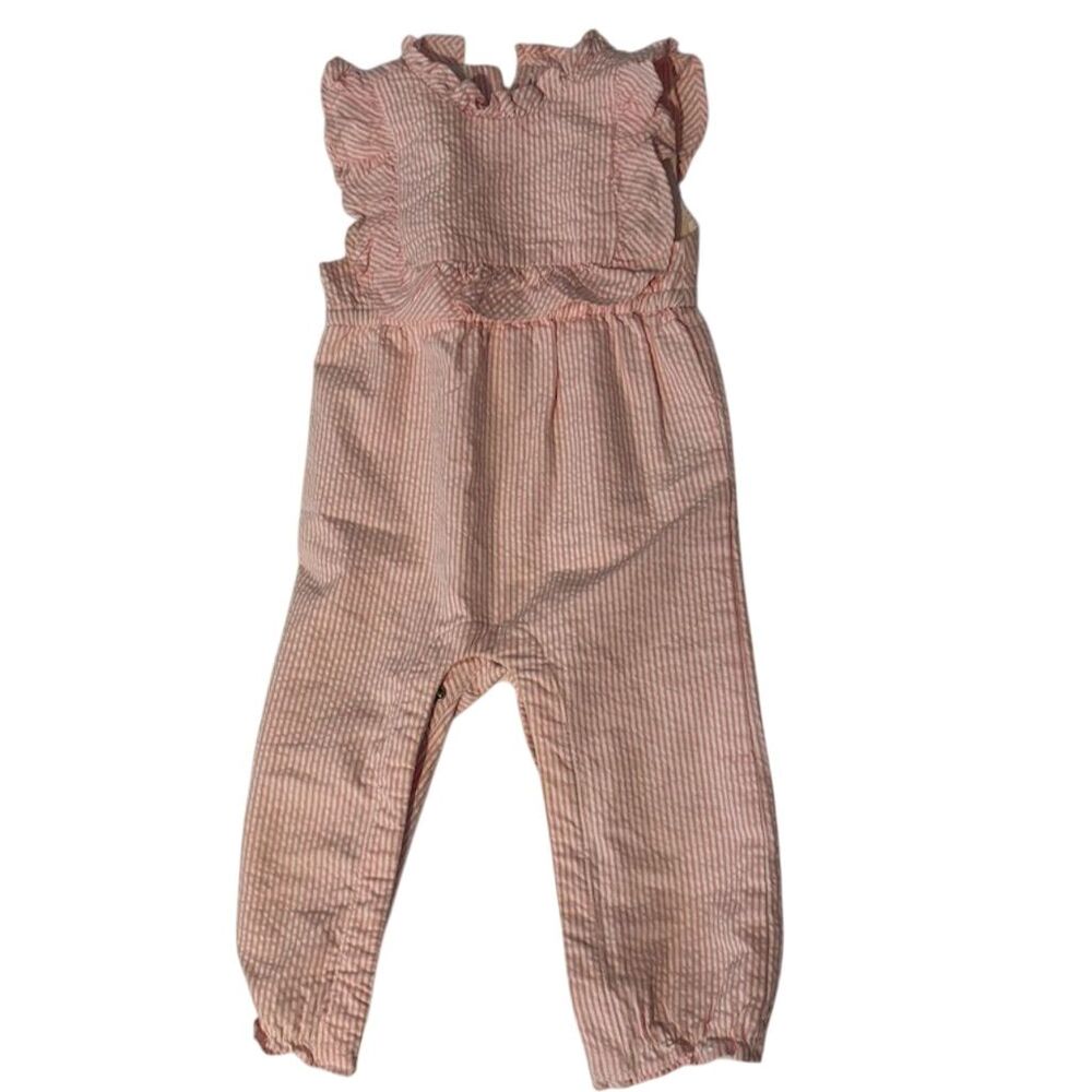 Janie and Jack Girls Pink Seersucker Stripe Jumpsuit 12-18 Months
